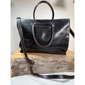 Lodis Black Leather Satchel Laptop Briefcase Bag Crossbody Tote 15" Red Trim